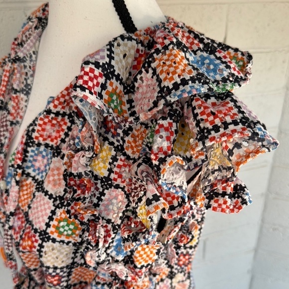 Maeve Ruffled Tie Waist Blouse in Colorful Granny-Square Eyelet Print, S - Picture 7 of 16